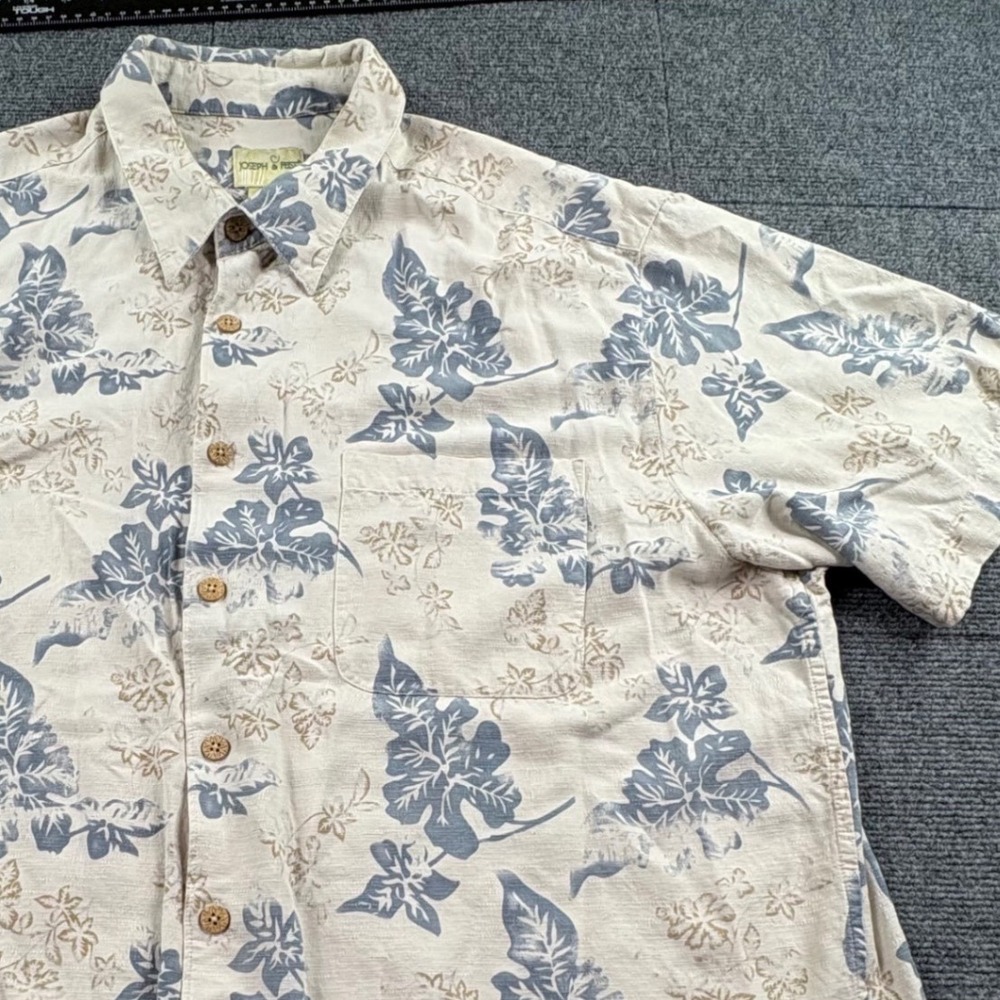 Joseph & Feiss Mens XXL Silk Tropical Floral Button Down Shirt Blue Cream Tan